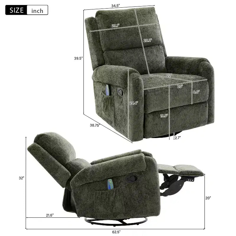 Elmsford Modern Swivel Rocking Chenile Upholstered Massage Recliner Chair