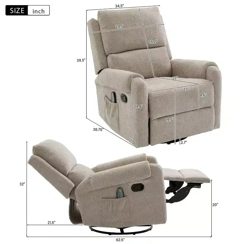 Elmsford Modern Swivel Rocking Chenile Upholstered Massage Recliner Chair