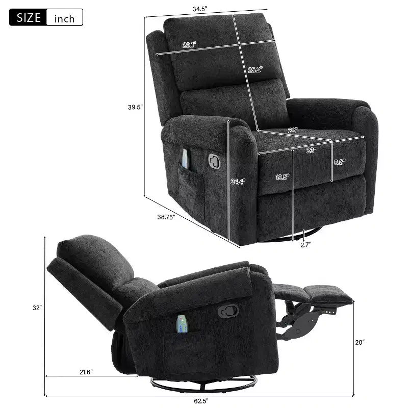 Elmsford Modern Swivel Rocking Chenile Upholstered Massage Recliner Chair