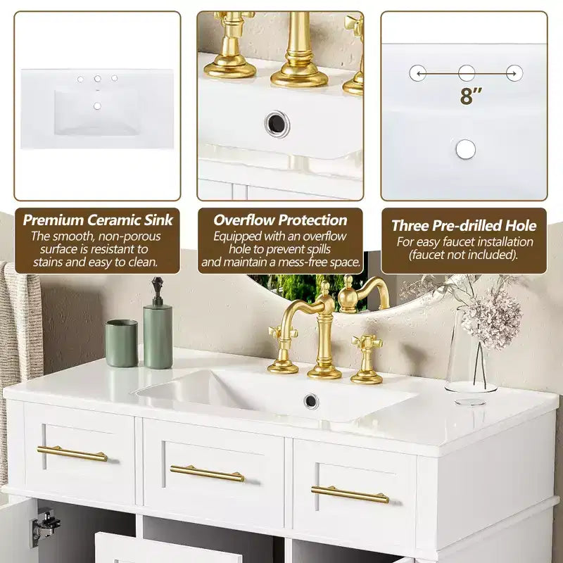 36 White Bathroom Vanity Sink Combo with Drawers, Bathroom Storage Cabinet with and Soft Close Door and Adjustable Shelf