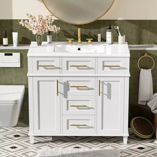 36 White Bathroom Vanity Sink Combo with Drawers, Bathroom Storage Cabinet with and Soft Close Door and Adjustable Shelf