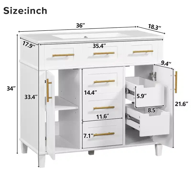 36 White Bathroom Vanity Sink Combo with Drawers, Bathroom Storage Cabinet with and Soft Close Door and Adjustable Shelf