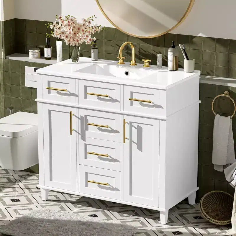 36 White Bathroom Vanity Sink Combo with Drawers, Bathroom Storage Cabinet with and Soft Close Door and Adjustable Shelf