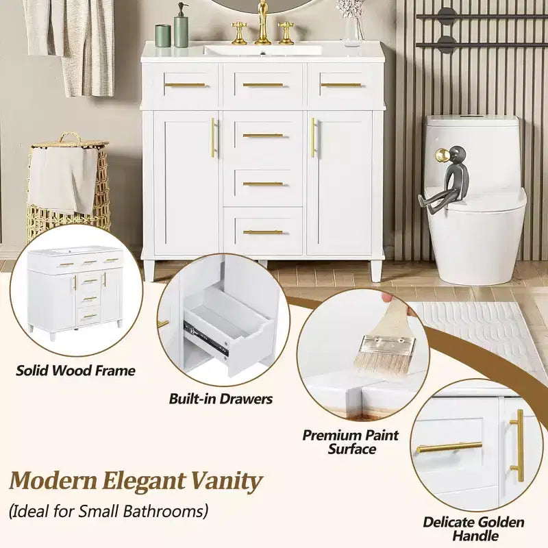 36 White Bathroom Vanity Sink Combo with Drawers, Bathroom Storage Cabinet with and Soft Close Door and Adjustable Shelf