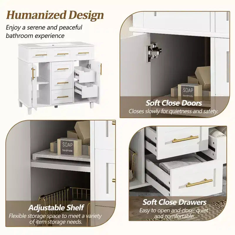 36 White Bathroom Vanity Sink Combo with Drawers, Bathroom Storage Cabinet with and Soft Close Door and Adjustable Shelf