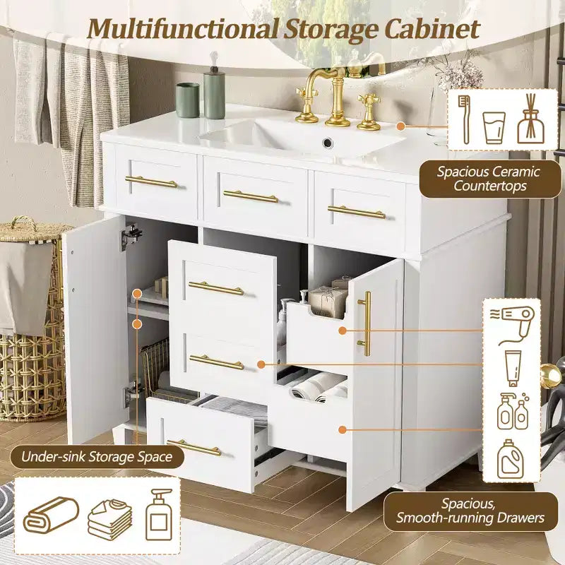36 White Bathroom Vanity Sink Combo with Drawers, Bathroom Storage Cabinet with and Soft Close Door and Adjustable Shelf