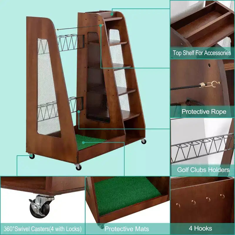 Golf Bag Organizer for Garage, Premium Wooden Golf Clubs Storage Rack Fit 2 Golf Bags, Golf Trunk Organizer for Car Garage Club Shed Basement