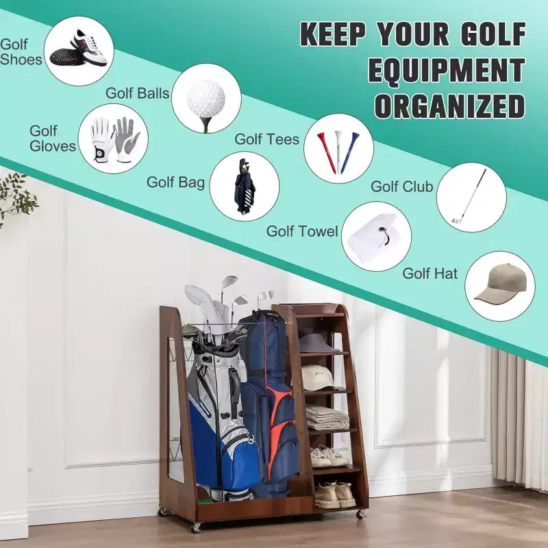 Golf Bag Organizer for Garage, Premium Wooden Golf Clubs Storage Rack Fit 2 Golf Bags, Golf Trunk Organizer for Car Garage Club Shed Basement