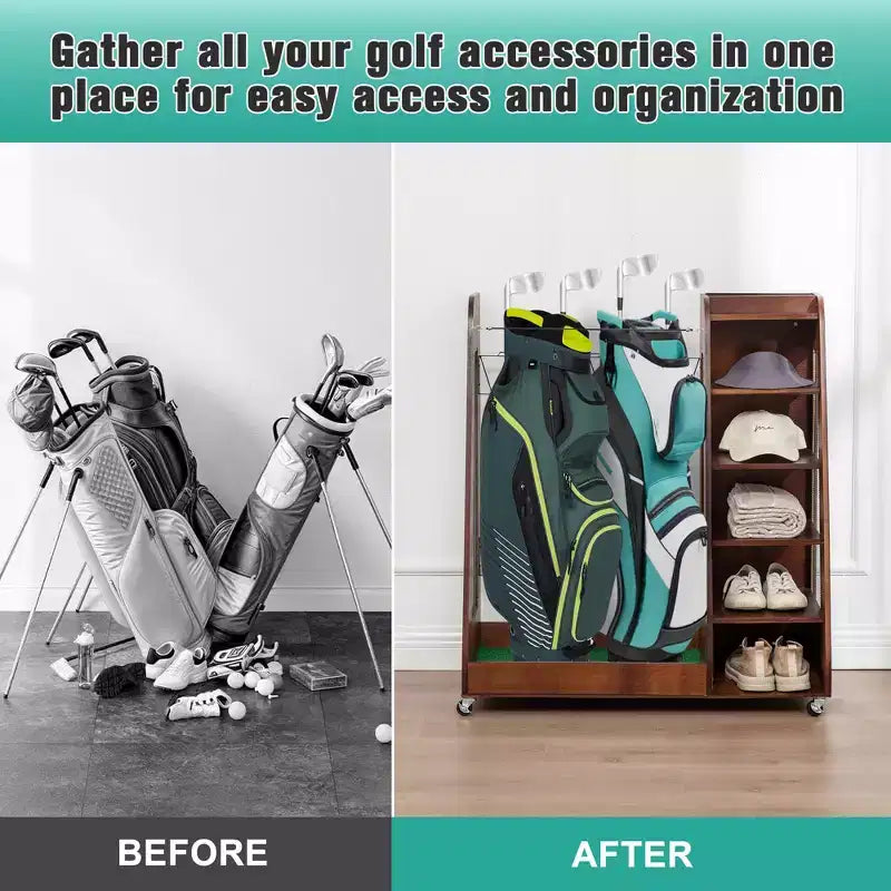 Golf Bag Organizer for Garage, Premium Wooden Golf Clubs Storage Rack Fit 2 Golf Bags, Golf Trunk Organizer for Car Garage Club Shed Basement
