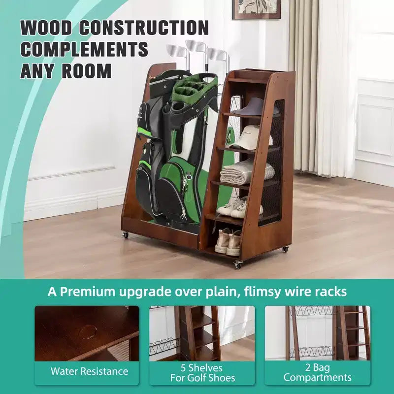 Golf Bag Organizer for Garage, Premium Wooden Golf Clubs Storage Rack Fit 2 Golf Bags, Golf Trunk Organizer for Car Garage Club Shed Basement