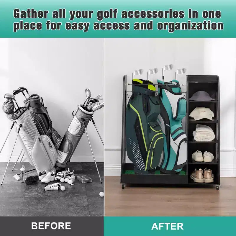 Golf Bag Organizer for Garage, Premium Wooden Golf Clubs Storage Rack Fit 2 Golf Bags, Golf Trunk Organizer for Car Garage Club Shed Basement