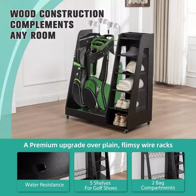Golf Bag Organizer for Garage, Premium Wooden Golf Clubs Storage Rack Fit 2 Golf Bags, Golf Trunk Organizer for Car Garage Club Shed Basement