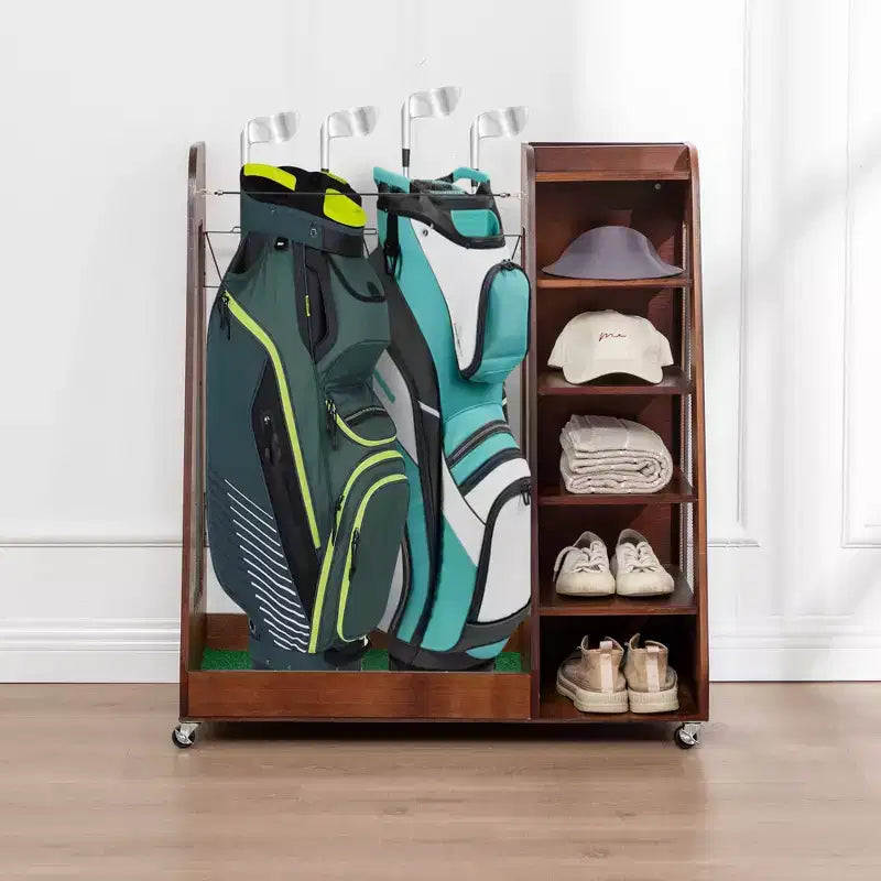 Golf Bag Organizer for Garage, Premium Wooden Golf Clubs Storage Rack Fit 2 Golf Bags, Golf Trunk Organizer for Car Garage Club Shed Basement