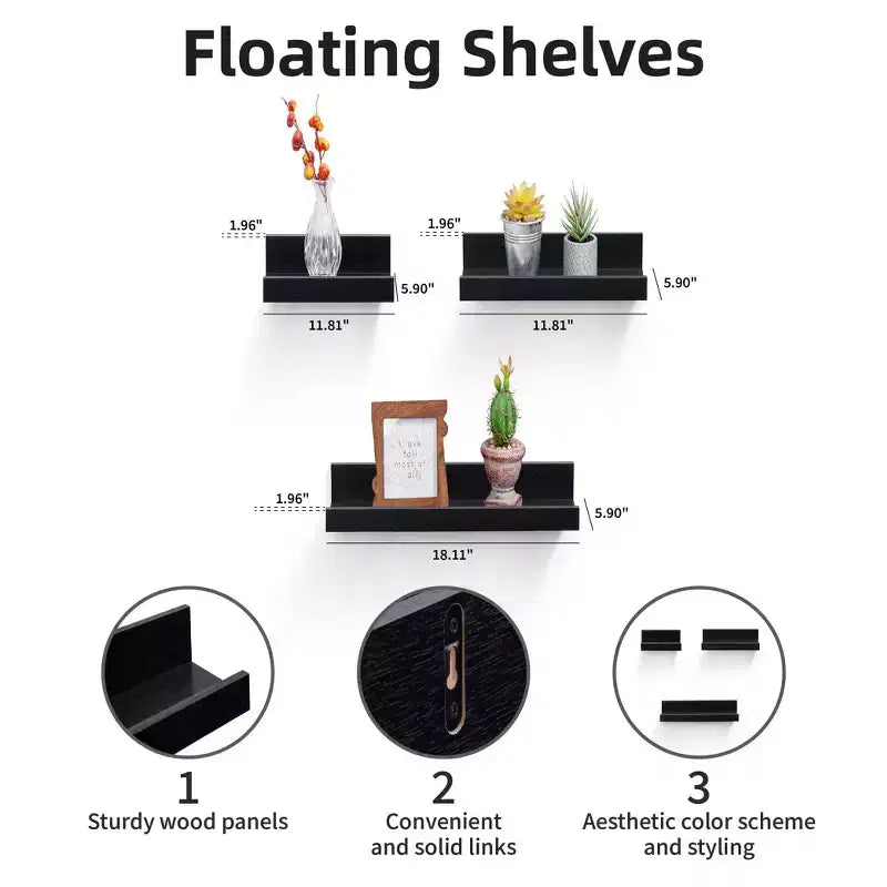 18.11 Black Floating Shelf C invisible-bracket wood wall mount, perfect bathroom/bedroom/kitchen dcor or book/plant display, easy install.