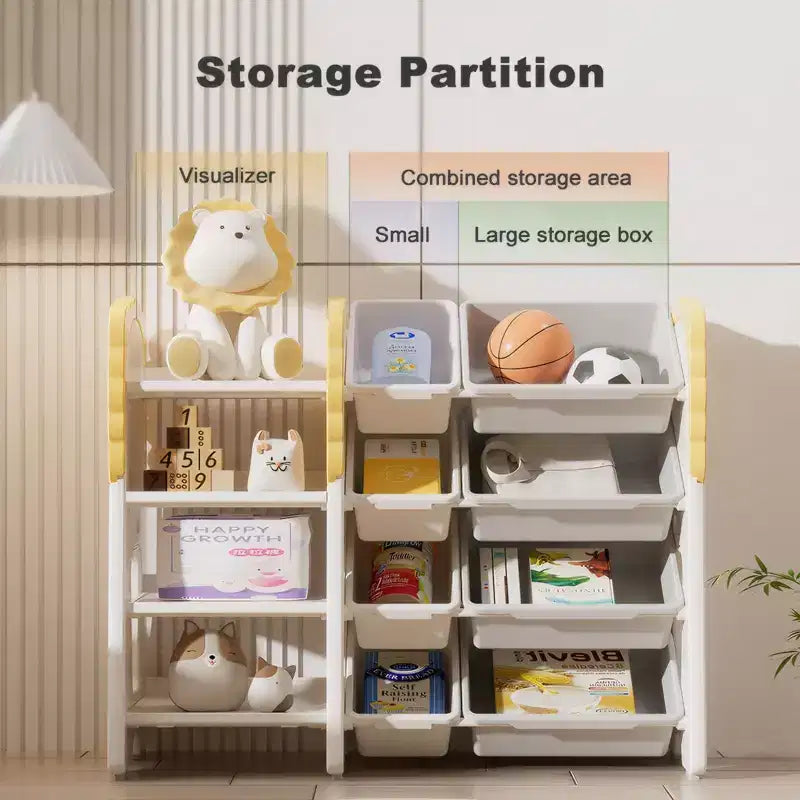 Kids Bookshelf and Toy Storage, 4-Tier Toy Organizers W/8 Removable Storage Bins, Kids Toy Storage Organizer for Study Room, Bedroom, Kids Room