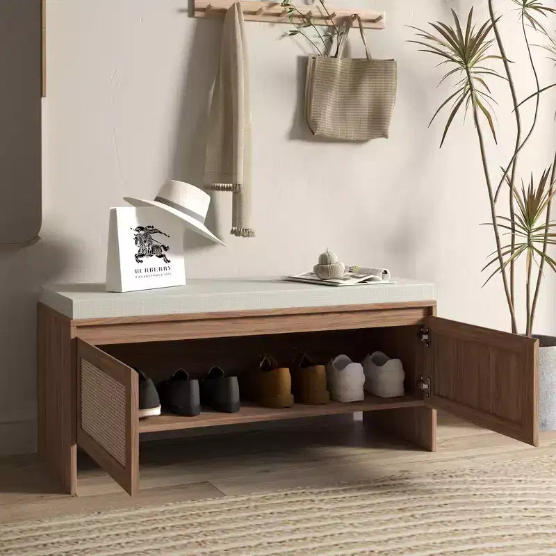 Boho Style PP Rattan Storage Shoe Bench with Cushion,Sturdy Wooden Entrayway Bench for Seating and Storage,2-Door Shoe Organizer