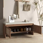 Boho Style PP Rattan Storage Shoe Bench with Cushion,Sturdy Wooden Entrayway Bench for Seating and Storage,2-Door Shoe Organizer