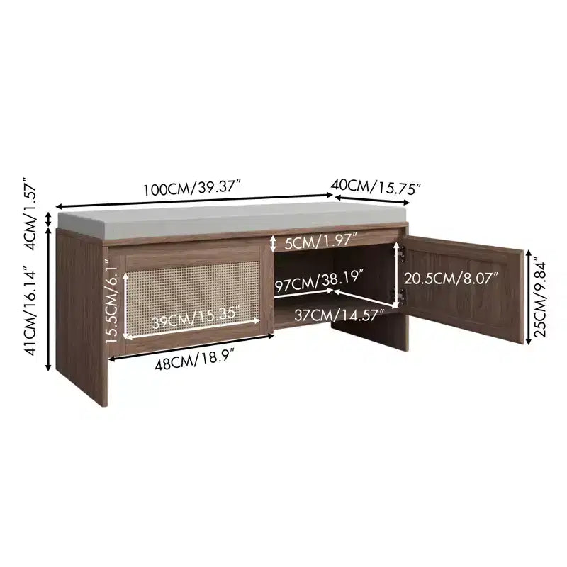 Boho Style PP Rattan Storage Shoe Bench with Cushion,Sturdy Wooden Entrayway Bench for Seating and Storage,2-Door Shoe Organizer