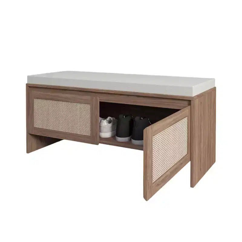 Boho Style PP Rattan Storage Shoe Bench with Cushion,Sturdy Wooden Entrayway Bench for Seating and Storage,2-Door Shoe Organizer