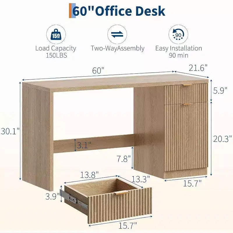 60in Fluted Executive Desk with Drawers, Modern Home Office Desk with Storage Cabinet, Wood Computer Workstation for Working, Studying, Writing, Oak