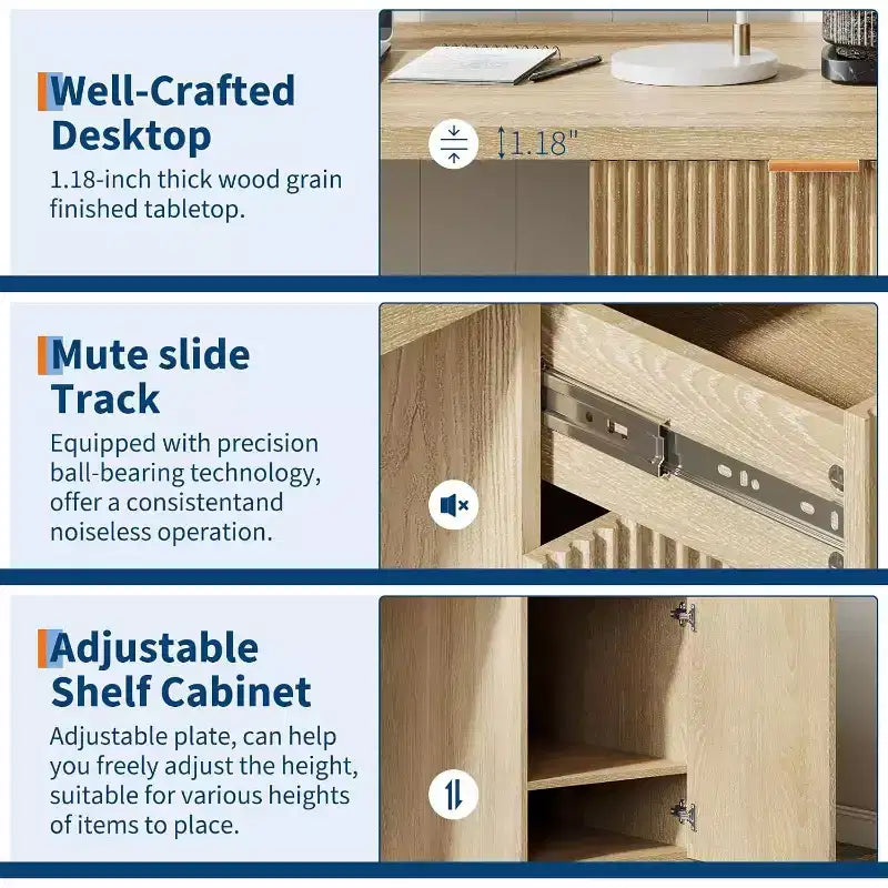 60in Fluted Executive Desk with Drawers, Modern Home Office Desk with Storage Cabinet, Wood Computer Workstation for Working, Studying, Writing, Oak