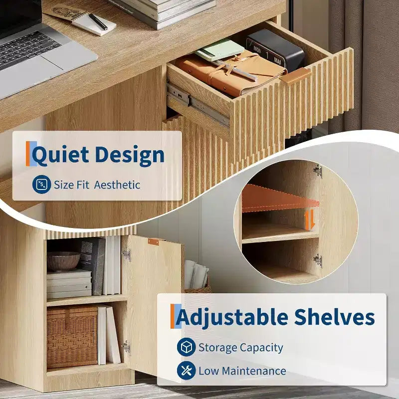 60in Fluted Executive Desk with Drawers, Modern Home Office Desk with Storage Cabinet, Wood Computer Workstation for Working, Studying, Writing, Oak