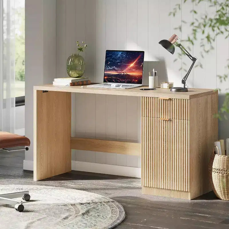 60in Fluted Executive Desk with Drawers, Modern Home Office Desk with Storage Cabinet, Wood Computer Workstation for Working, Studying, Writing, Oak