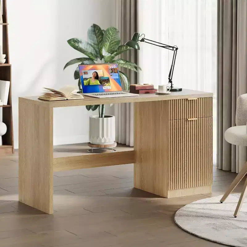 60in Fluted Executive Desk with Drawers, Modern Home Office Desk with Storage Cabinet, Wood Computer Workstation for Working, Studying, Writing, Oak