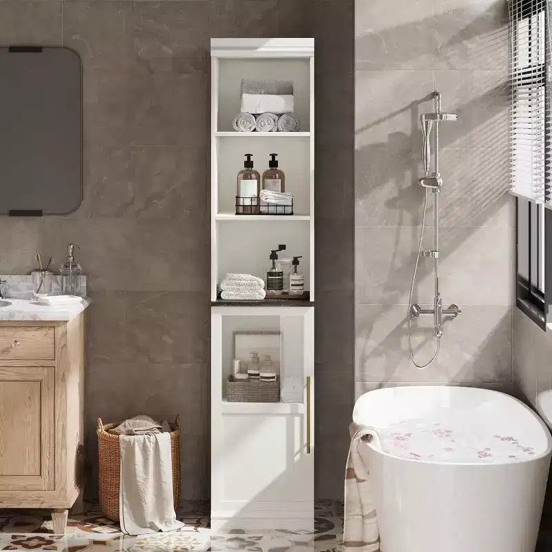 70 Tall Slim Bathroom Storage Cabinet with Door & Open Shelves, Narrow Freestanding Floor Cabinet for Small Spaces, Kitchen, Living Room