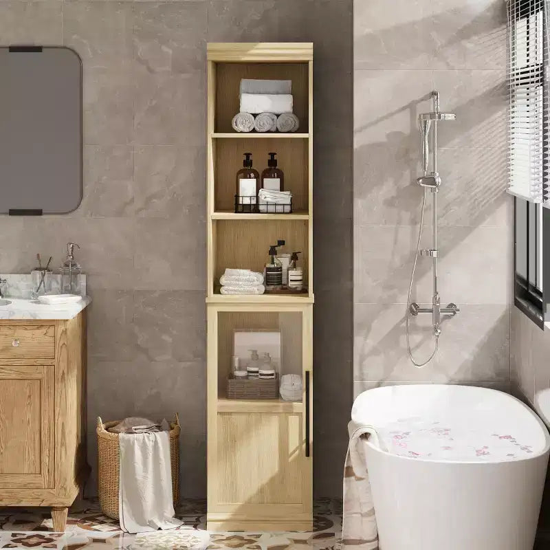 70 Tall Slim Bathroom Storage Cabinet with Door & Open Shelves, Narrow Freestanding Floor Cabinet for Small Spaces, Kitchen, Living Room