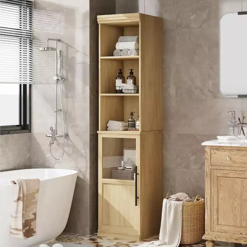 70 Tall Slim Bathroom Storage Cabinet with Door & Open Shelves, Narrow Freestanding Floor Cabinet for Small Spaces, Kitchen, Living Room