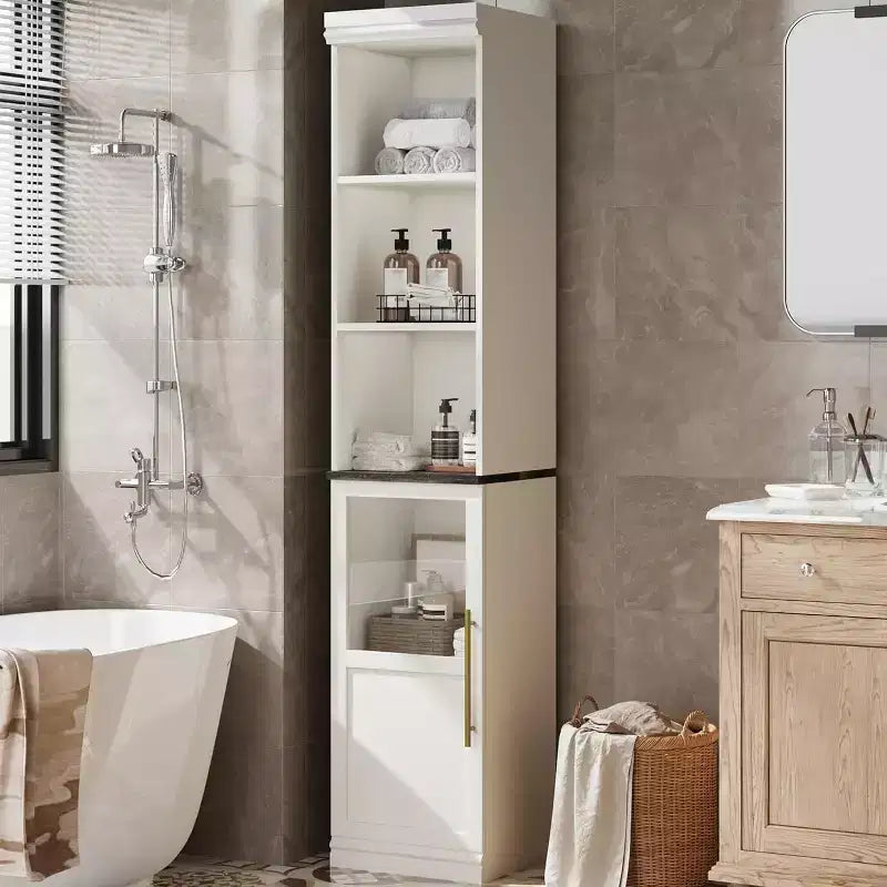 70 Tall Slim Bathroom Storage Cabinet with Door & Open Shelves, Narrow Freestanding Floor Cabinet for Small Spaces, Kitchen, Living Room
