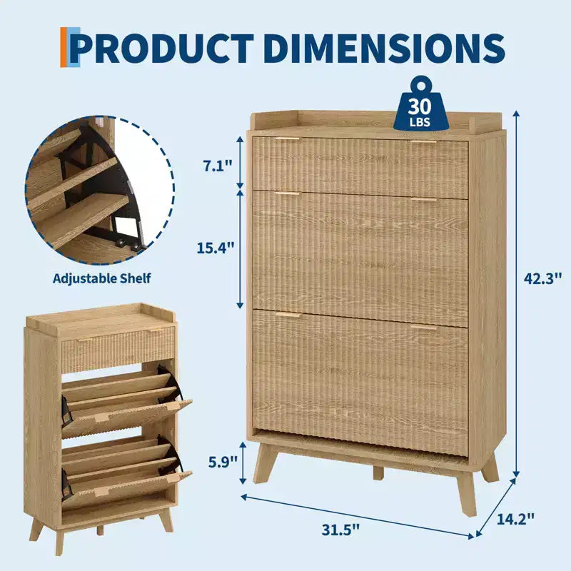 Fluted Wood Shoe Storage Cabinet for Entryway with 2 Flip Drawers, 48 Tall Freestanding Hidden Narrow Shoe Organizer Rack for Hallway