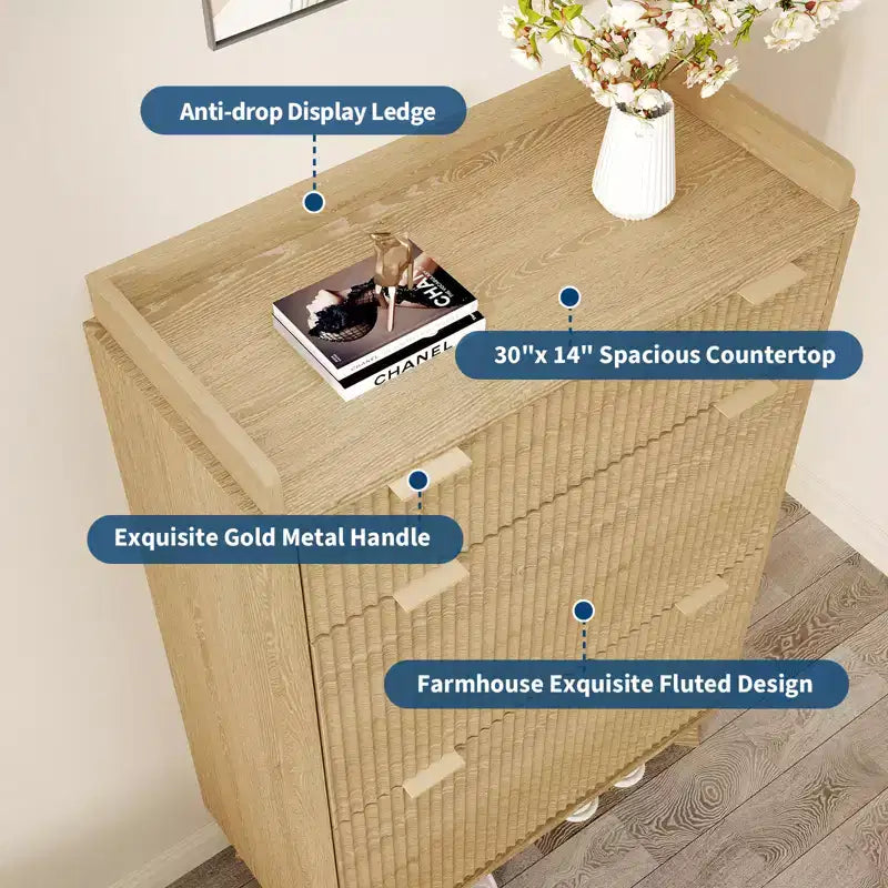 Fluted Wood Shoe Storage Cabinet for Entryway with 2 Flip Drawers, 48 Tall Freestanding Hidden Narrow Shoe Organizer Rack for Hallway