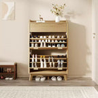 Fluted Wood Shoe Storage Cabinet for Entryway with 2 Flip Drawers, 48 Tall Freestanding Hidden Narrow Shoe Organizer Rack for Hallway