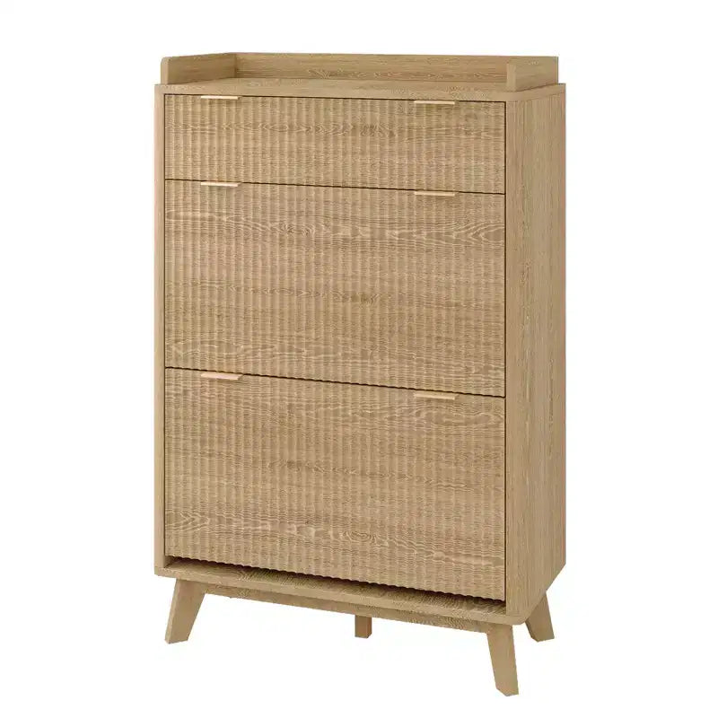 Fluted Wood Shoe Storage Cabinet for Entryway with 2 Flip Drawers, 48 Tall Freestanding Hidden Narrow Shoe Organizer Rack for Hallway