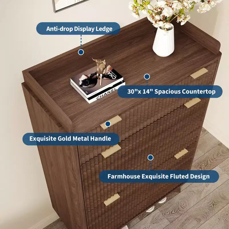 Fluted Wood Shoe Storage Cabinet for Entryway with 2 Flip Drawers, 48 Tall Freestanding Hidden Narrow Shoe Organizer Rack for Hallway