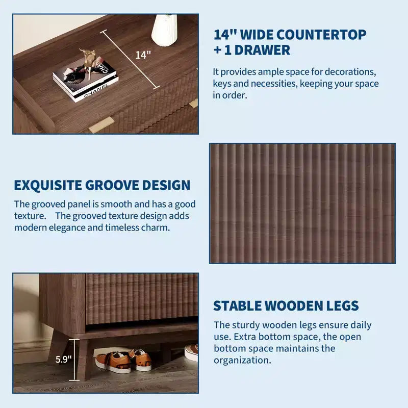 Fluted Wood Shoe Storage Cabinet for Entryway with 2 Flip Drawers, 48 Tall Freestanding Hidden Narrow Shoe Organizer Rack for Hallway