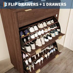 Fluted Wood Shoe Storage Cabinet for Entryway with 2 Flip Drawers, 48 Tall Freestanding Hidden Narrow Shoe Organizer Rack for Hallway