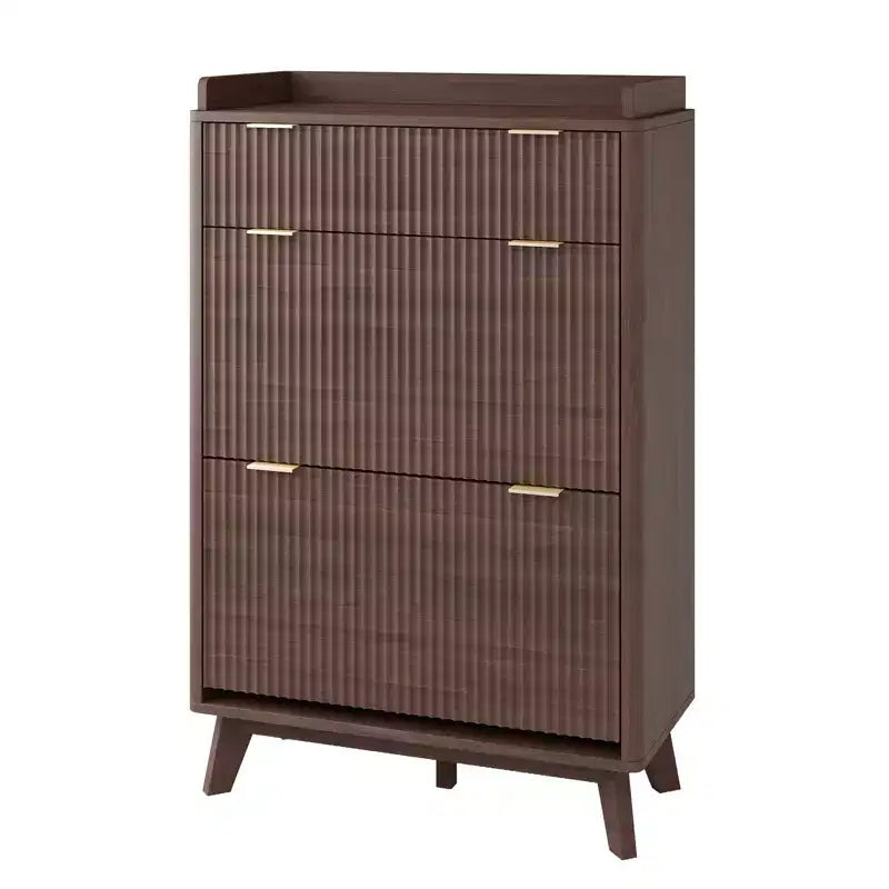 Fluted Wood Shoe Storage Cabinet for Entryway with 2 Flip Drawers, 48 Tall Freestanding Hidden Narrow Shoe Organizer Rack for Hallway