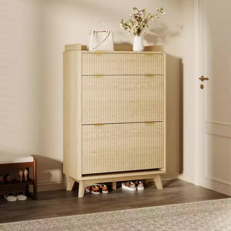 Fluted Wood Shoe Storage Cabinet for Entryway with 2 Flip Drawers, 48 Tall Freestanding Hidden Narrow Shoe Organizer Rack for Hallway
