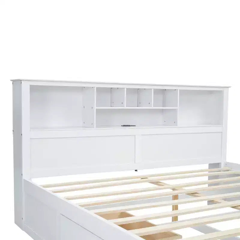 King Size Wood Platform Bed with Multi-storage Headboard, USB and Drawers