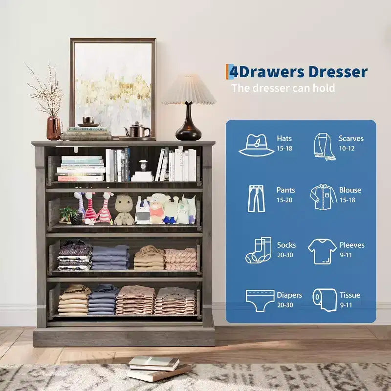 Farmhouse 4 Drawer Dresser for Bedroom, Tall Chest of Drawers with Metal Handles, Rustic Wooden Dresser TV Stand, for Living Room, Hallway