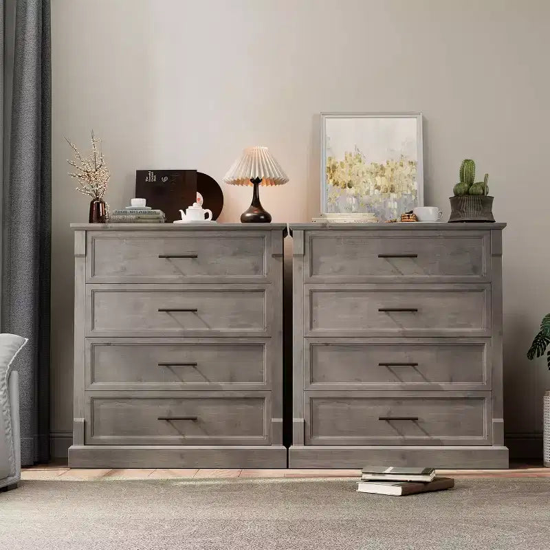 Farmhouse 4 Drawer Dresser for Bedroom, Tall Chest of Drawers with Metal Handles, Rustic Wooden Dresser TV Stand, for Living Room, Hallway