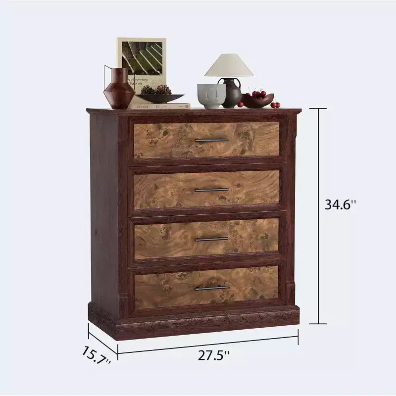 Farmhouse 4 Drawer Dresser for Bedroom, Tall Chest of Drawers with Metal Handles, Rustic Wooden Dresser TV Stand, for Living Room, Hallway