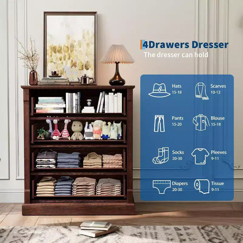 Farmhouse 4 Drawer Dresser for Bedroom, Tall Chest of Drawers with Metal Handles, Rustic Wooden Dresser TV Stand, for Living Room, Hallway