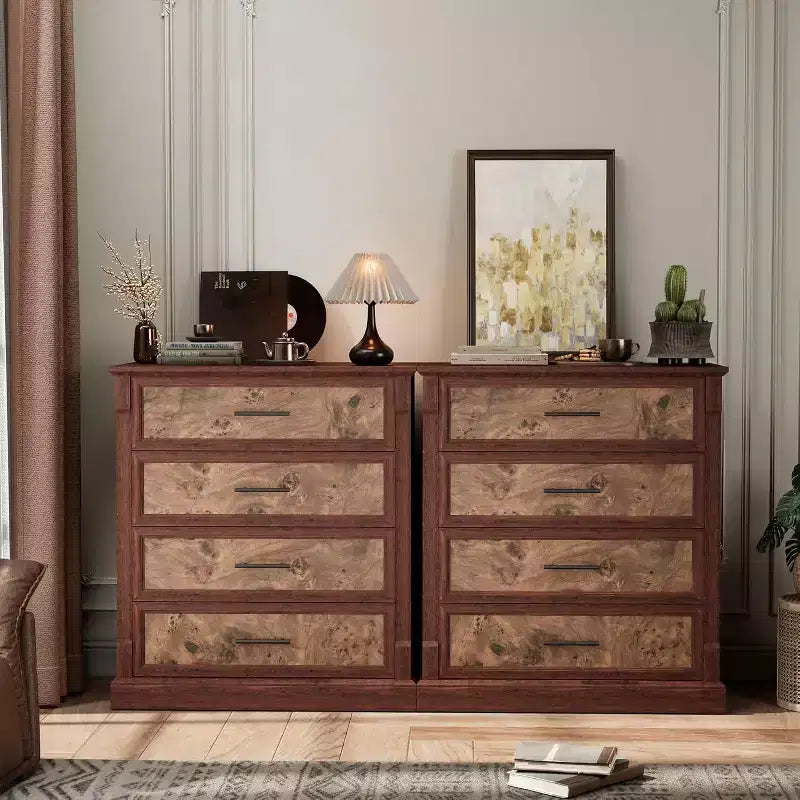 Farmhouse 4 Drawer Dresser for Bedroom, Tall Chest of Drawers with Metal Handles, Rustic Wooden Dresser TV Stand, for Living Room, Hallway