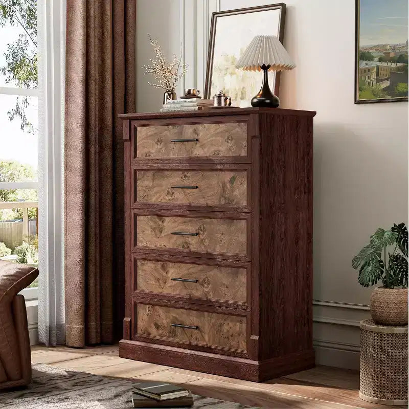 Farmhouse 4 Drawer Dresser for Bedroom, Tall Chest of Drawers with Metal Handles, Rustic Wooden Dresser TV Stand, for Living Room, Hallway