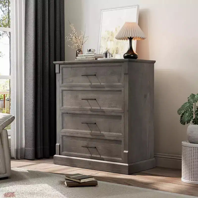 Farmhouse 4 Drawer Dresser for Bedroom, Tall Chest of Drawers with Metal Handles, Rustic Wooden Dresser TV Stand, for Living Room, Hallway