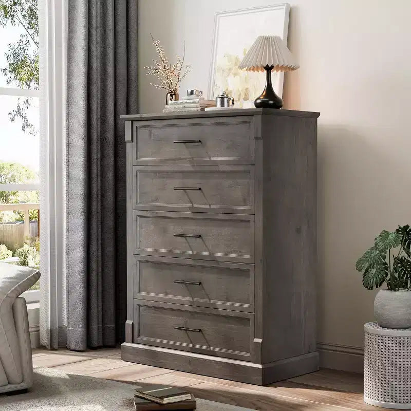 Farmhouse 4 Drawer Dresser for Bedroom, Tall Chest of Drawers with Metal Handles, Rustic Wooden Dresser TV Stand, for Living Room, Hallway